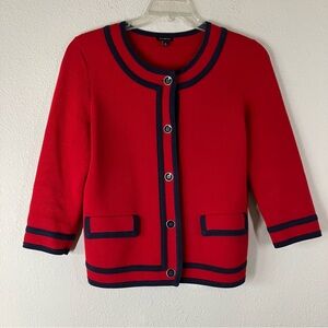 TALBOTS Red Cardigan Sweater Navy Tipped Button Up Preppy Old Money Heritage M
